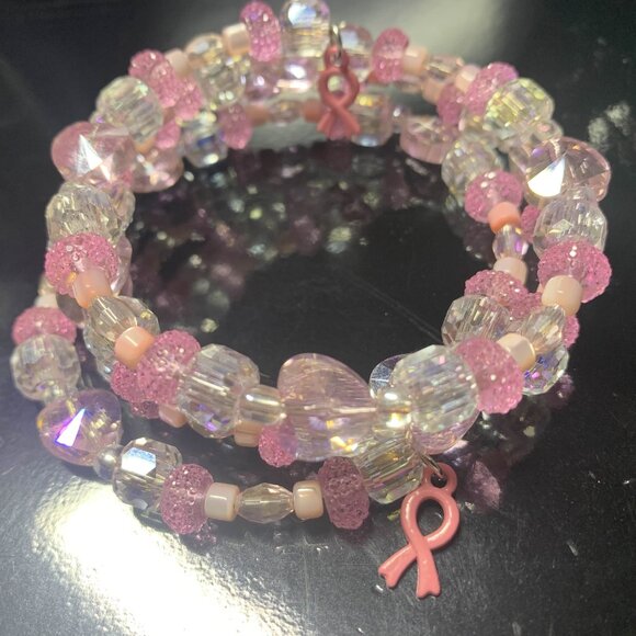 Handmade Jewelry - Pink Beaded Awareness Bracelet Set with Ribbon Charm